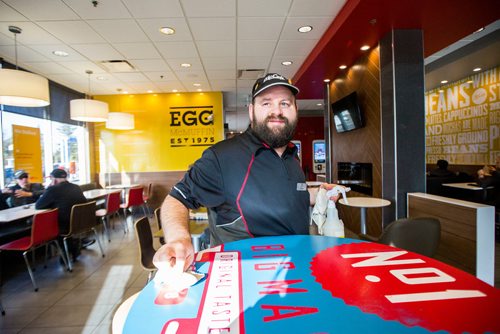 MIKAELA MACKENZIE / WINNIPEG FREE PRESS
Edward Case, an adult living with special needs, cleans tables and mops floors at McDonald's in Winnipeg on Wednesday, Oct. 24, 2018. 
Winnipeg Free Press 2018.