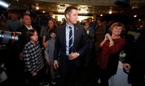 PHIL HOSSACK / WINNIPEG FREE PRESS - Brian Bowman makes his way through supporters celebrating his re-election as Mayor Wednesday. See story.. - October 24, 2018