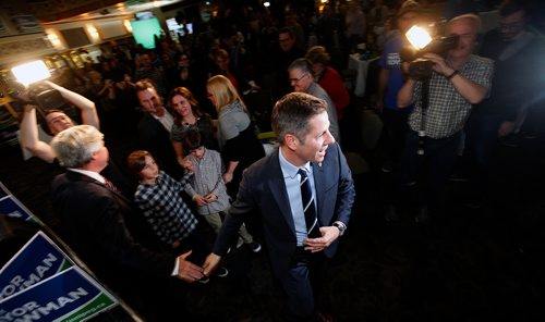 PHIL HOSSACK / WINNIPEG FREE PRESS - Brian Bowman makes his way through supporters as they celebrate the his re-election as mayor Wednesday. See story.. - October 24, 2018