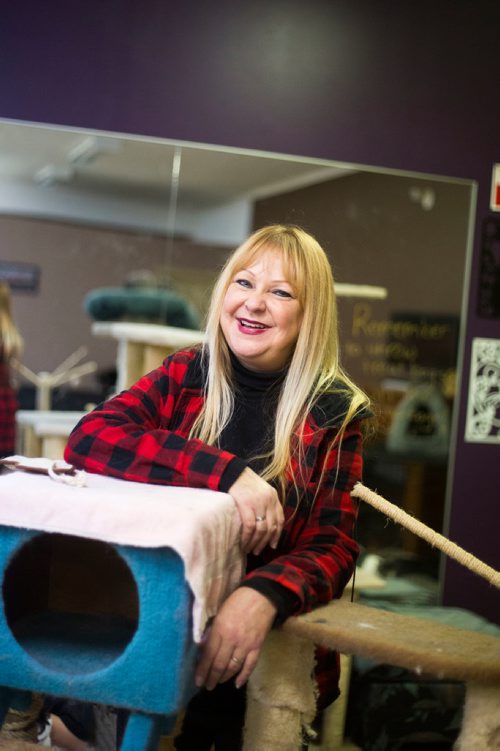 MIKAELA MACKENZIE / WINNIPEG FREE PRESS
Jennifer Laferriere at her cat cafe, Miss J. La's Fur Babies Cat Cafe and Adoption Centre, in Winnipeg on Thursday, Oct. 25, 2018. 
Winnipeg Free Press 2018.