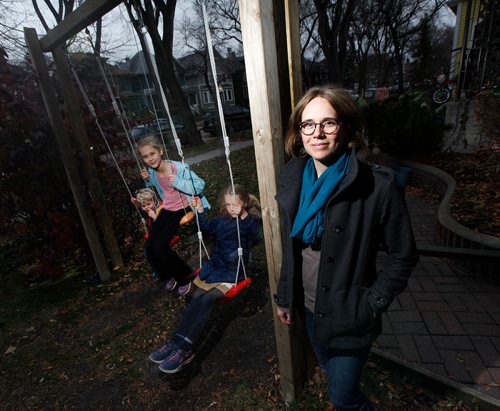 PHIL HOSSACK / WINNIPEG FREE PRESS - Katharina Nuss (and her kids Frieda 9 centreon swing, Johanna 7, and Raphael 31/2) who started a petition urging Families Min. Heather Stefanson to tell CFS to back off and allow free-range parenting. This summer, Katharina watched as two of her kids under 12 walk to the Tall Grass Prairie bakery just down the street by themselves to exercise their independence. A month later, she was paid a visit by CFS and told not to let her kids under 12 do anything like that again. For Sanders story - October 25, 2018