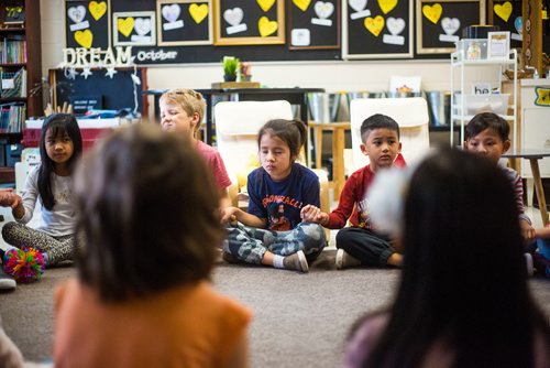 MIKAELA MACKENZIE / WINNIPEG FREE PRESS
Grade 1-3 students do mindfulness activities at Sargent Park School in Winnipeg on Thursday, Oct. 25, 2018. 
Winnipeg Free Press 2018.