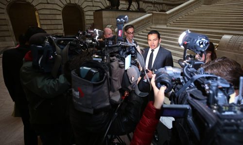 MIKE DEAL / WINNIPEG FREE PRESS
Wan Kinew, opposition leader of the NDP holds a press conference at the Manitoba Legislative building condemning the provinces $36.6 million cut to the WRHA budget. 
181029 - Monday, October 29, 2018