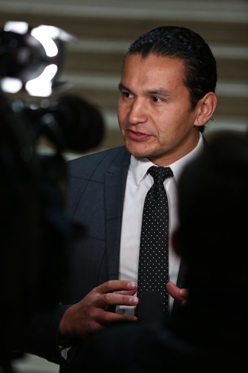 MIKE DEAL / WINNIPEG FREE PRESS
Wan Kinew, opposition leader of the NDP holds a press conference at the Manitoba Legislative building condemning the provinces $36.6 million cut to the WRHA budget. 
181029 - Monday, October 29, 2018