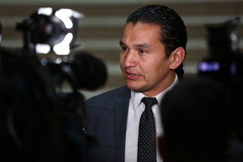 MIKE DEAL / WINNIPEG FREE PRESS
Wan Kinew, opposition leader of the NDP holds a press conference at the Manitoba Legislative building condemning the provinces $36.6 million cut to the WRHA budget. 
181029 - Monday, October 29, 2018