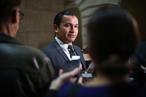 MIKE DEAL / WINNIPEG FREE PRESS
Wan Kinew, opposition leader of the NDP holds a press conference at the Manitoba Legislative building condemning the provinces $36.6 million cut to the WRHA budget. 
181029 - Monday, October 29, 2018