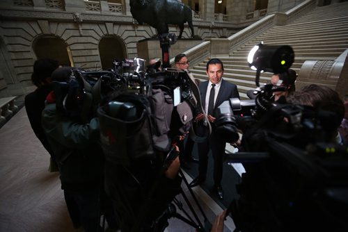 MIKE DEAL / WINNIPEG FREE PRESS
Wan Kinew, opposition leader of the NDP holds a press conference at the Manitoba Legislative building condemning the provinces $36.6 million cut to the WRHA budget. 
181029 - Monday, October 29, 2018