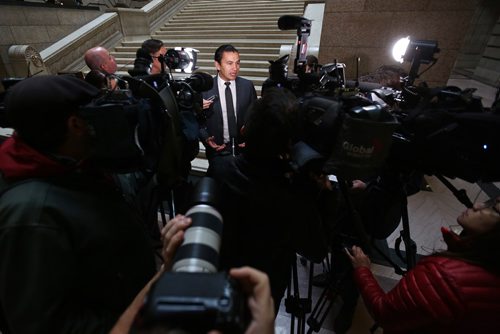 MIKE DEAL / WINNIPEG FREE PRESS
Wan Kinew, opposition leader of the NDP holds a press conference at the Manitoba Legislative building condemning the provinces $36.6 million cut to the WRHA budget. 
181029 - Monday, October 29, 2018