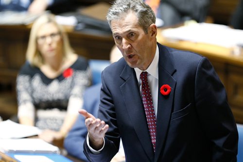 JOHN WOODS / WINNIPEG FREE PRESS
Premier Brian Pallister speaks during question period as MLA Cliff Graydon, who was dismissed from the PC caucus for "inappropriate behaviour", was sitting in the legislature as an independent Monday, October 29, 2018.