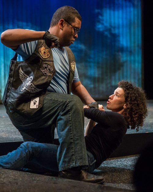 MIKE DEAL / WINNIPEG FREE PRESS
Jacqueline Loewen, fight director of the upcoming Warehouse production of Vietgone, works with actor Peter Fernandes, during a rehearsal on Monday, October 29. The show opens November 1st and runs until the 17th. The play is notable for one elaborate four-minute fight scene based in part on old kung fu movies.
181029 - Monday, October 29, 2018.