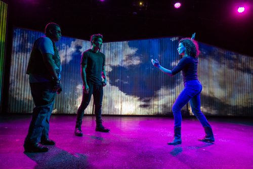 MIKE DEAL / WINNIPEG FREE PRESS
Jacqueline Loewen (right), fight director of the upcoming Warehouse production of Vietgone, works with actors Peter Fernandes (left) and Simu Liu (centre), during a rehearsal on Monday, October 29. The show opens November 1st and runs until the 17th. The play is notable for one elaborate four-minute fight scene based in part on old kung fu movies.
181029 - Monday, October 29, 2018.