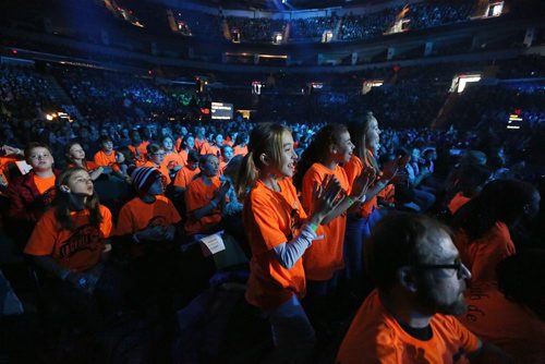 MIKE DEAL / WINNIPEG FREE PRESS
Students from Ecole Lacerte School in orange shirts cheer along with 16,000 other kids from across Manitoba who are attending WE Day at Bell MTS Place where they were celebrating young people committed to making a difference.
181030 - Tuesday, October 30, 2018