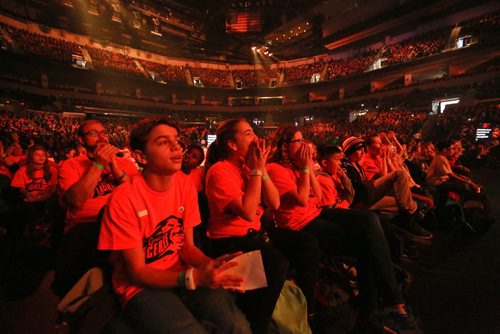 MIKE DEAL / WINNIPEG FREE PRESS
Students from Ecole Lacerte School in orange shirts cheer along with 16,000 other kids from across Manitoba who are attending WE Day at Bell MTS Place where they were celebrating young people committed to making a difference.
181030 - Tuesday, October 30, 2018