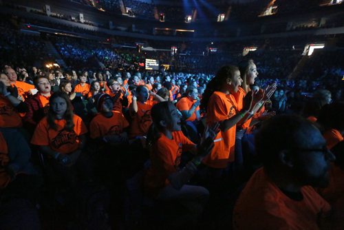 MIKE DEAL / WINNIPEG FREE PRESS
Students from Ecole Lacerte School in orange shirts cheer along with 16,000 other kids from across Manitoba who are attending WE Day at Bell MTS Place where they were celebrating young people committed to making a difference.
181030 - Tuesday, October 30, 2018