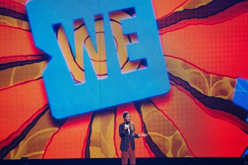 MIKE DEAL / WINNIPEG FREE PRESS
Clairissa Altares, entrepreneur and advocate for Indigenous women speaks to around 16,000 kids from across Manitoba attend WE Day at Bell MTS Place where they were celebrating young people committed to making a difference.
181030 - Tuesday, October 30, 2018.