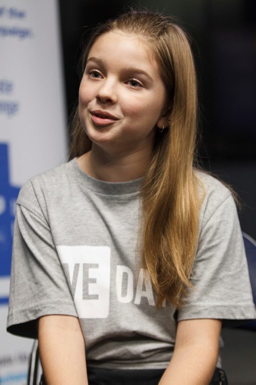 MIKE DEAL / WINNIPEG FREE PRESS
Hannah Deck, 12, from Lincoln Middle School is interviewed during WE Day at Bell MTS Place where around 16,000 students from across Manitoba were celebrating young people committed to making a difference.
181030 - Tuesday, October 30, 2018.