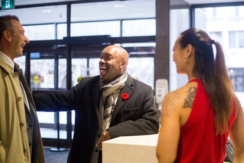 MIKAELA MACKENZIE / WINNIPEG FREE PRESS
Markus Chambers, councillor-elect for the new ward of St. Norbert-Seine River, chats with Marc Pittet (left) and Vivian Santos at City Hall in Winnipeg on Wednesday, Oct. 31, 2018. 
Winnipeg Free Press 2018.