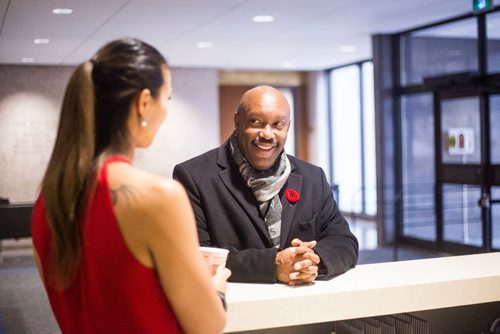 MIKAELA MACKENZIE / WINNIPEG FREE PRESS
Markus Chambers, councillor-elect for the new ward of St. Norbert-Seine River, chats with newly-elected councillor for Point Douglas Vivian Santos at City Hall in Winnipeg on Wednesday, Oct. 31, 2018. 
Winnipeg Free Press 2018.