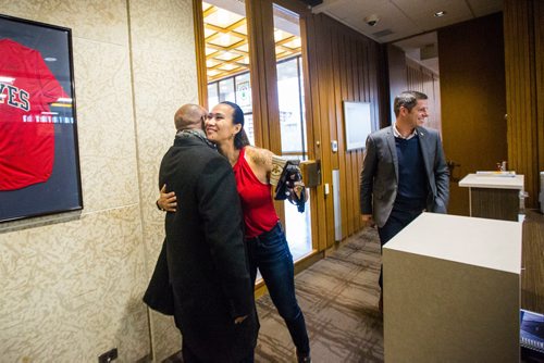 MIKAELA MACKENZIE / WINNIPEG FREE PRESS
Markus Chambers, councillor-elect for the new ward of St. Norbert-Seine River (left), says hello to Vivian Santos and Mayor Brian Bowman at City Hall in Winnipeg on Wednesday, Oct. 31, 2018. 
Winnipeg Free Press 2018.