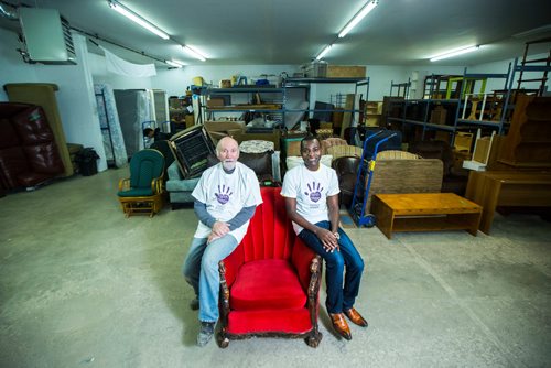 MIKAELA MACKENZIE / WINNIPEG FREE PRESS
Bradley Mackenzie (left) and Augustine Ahishakiye, volunteers at Hands of Hope, pose for a portrait in Winnipeg on Wednesday, Oct. 31, 2018. 
Winnipeg Free Press 2018.