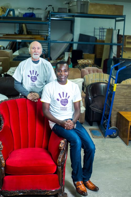 MIKAELA MACKENZIE / WINNIPEG FREE PRESS
Bradley Mackenzie (left) and Augustine Ahishakiye, volunteers at Hands of Hope, pose for a portrait in Winnipeg on Wednesday, Oct. 31, 2018. 
Winnipeg Free Press 2018.