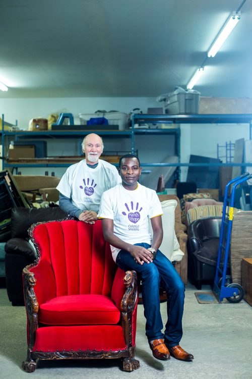 MIKAELA MACKENZIE / WINNIPEG FREE PRESS
Bradley Mackenzie (left) and Augustine Ahishakiye, volunteers at Hands of Hope, pose for a portrait in Winnipeg on Wednesday, Oct. 31, 2018. 
Winnipeg Free Press 2018.