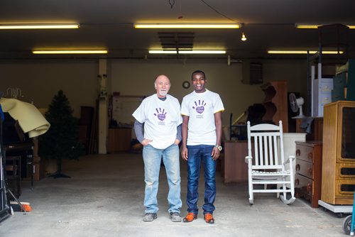 MIKAELA MACKENZIE / WINNIPEG FREE PRESS
Bradley Mackenzie (left) and Augustine Ahishakiye, volunteers at Hands of Hope, pose for a portrait in Winnipeg on Wednesday, Oct. 31, 2018. 
Winnipeg Free Press 2018.