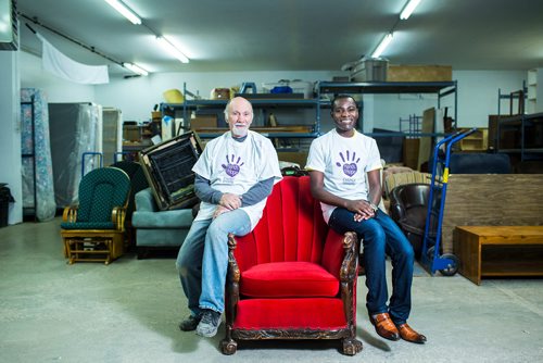 MIKAELA MACKENZIE / WINNIPEG FREE PRESS
Bradley Mackenzie (left) and Augustine Ahishakiye, volunteers at Hands of Hope, pose for a portrait in Winnipeg on Wednesday, Oct. 31, 2018. 
Winnipeg Free Press 2018.