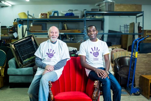 MIKAELA MACKENZIE / WINNIPEG FREE PRESS
Bradley Mackenzie (left) and Augustine Ahishakiye, volunteers at Hands of Hope, pose for a portrait in Winnipeg on Wednesday, Oct. 31, 2018. 
Winnipeg Free Press 2018.