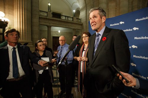 MIKE DEAL / WINNIPEG FREE PRESS
Manitoba Premier Brian Pallister talks to the media after question period Wednesday afternoon.
181031 - Wednesday, October 31, 2018.