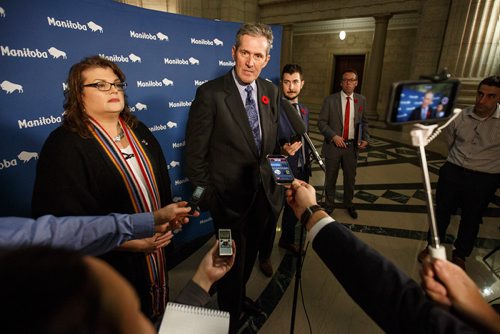 MIKE DEAL / WINNIPEG FREE PRESS
Manitoba Premier Brian Pallister talks to the media after question period Wednesday afternoon.
181031 - Wednesday, October 31, 2018.