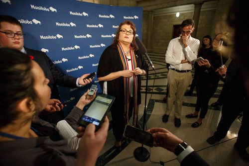 MIKE DEAL / WINNIPEG FREE PRESS
Colleen Mayer, Minister of Crown Services talks to the media after question period Wednesday afternoon.
181031 - Wednesday, October 31, 2018.