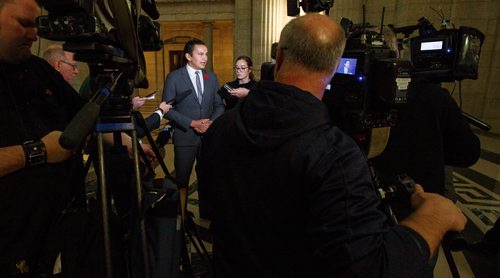 MIKE DEAL / WINNIPEG FREE PRESS
Wab Kinew, NDP Leader of the Opposition, talks to the media after question period Wednesday afternoon.
181031 - Wednesday, October 31, 2018.