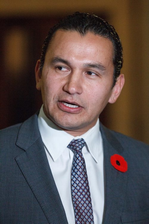 MIKE DEAL / WINNIPEG FREE PRESS
Wab Kinew, NDP Leader of the Opposition, talks to the media after question period Wednesday afternoon.
181031 - Wednesday, October 31, 2018.