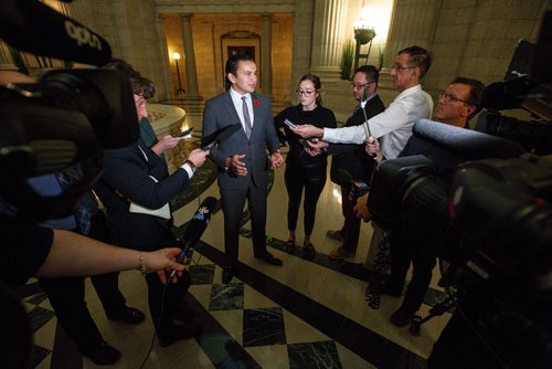 MIKE DEAL / WINNIPEG FREE PRESS
Wab Kinew, NDP Leader of the Opposition, talks to the media after question period Wednesday afternoon.
181031 - Wednesday, October 31, 2018.