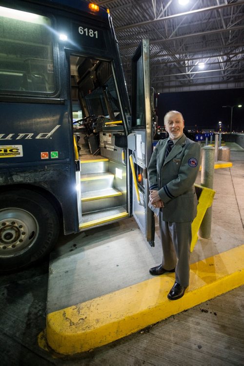 PHIL HOSSACK / WINNIPEG FREE PRESS - With over a million miles under his belt, Greyhound's 'Master Driver' Doug Stern steps off bus #6181 st Winnipeg's Greyhound terminal after finisheng the last run for the bus company in Manitoba Wednesday morning. See Melissa's story. October 31, 2018