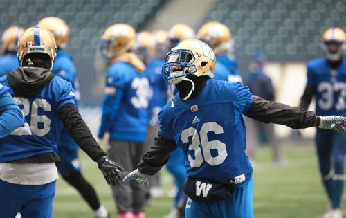 RUTH BONNEVILLE / WINNIPEG FREE PRESS

Winnipeg Blue Bombers practice at Investors Group Field Wednesday.

BB #36 Marcus Sayles. 

October 31, 2018