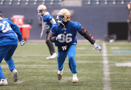 RUTH BONNEVILLE / WINNIPEG FREE PRESS

Winnipeg Blue Bombers practice at Investors Group Field Wednesday.

BB #36 Marcus Sayles. 

October 31, 2018