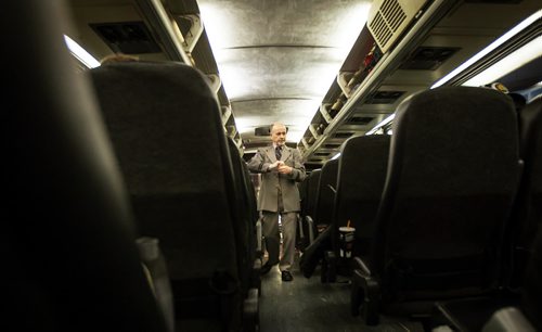 PHIL HOSSACK / WINNIPEG FREE PRESS - Greyhound's Doug Stern collects tickets from passengers on bus #6181 at Winnipeg's GreyhoundMonday evening. See Melissa's story. October 29, 2018