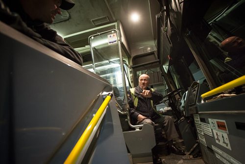 PHIL HOSSACK / WINNIPEG FREE PRESS -Driver Doug Stern chats with a new passenger picked up in The Pas on Greyhound bus #6181 en-route to Flin Flon and points in between. See Melissa's story. October 29, 2018