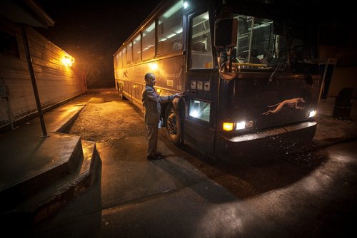PHIL HOSSACK / WINNIPEG FREE PRESS -  Greyhound's 'Master Driver" Doug Stern opens up his bus #6181Tuesday evening at the Creighton Saskatchewan's Community Convenience store which acted as the depot for buses. See Melissa's story. October 30, 2018