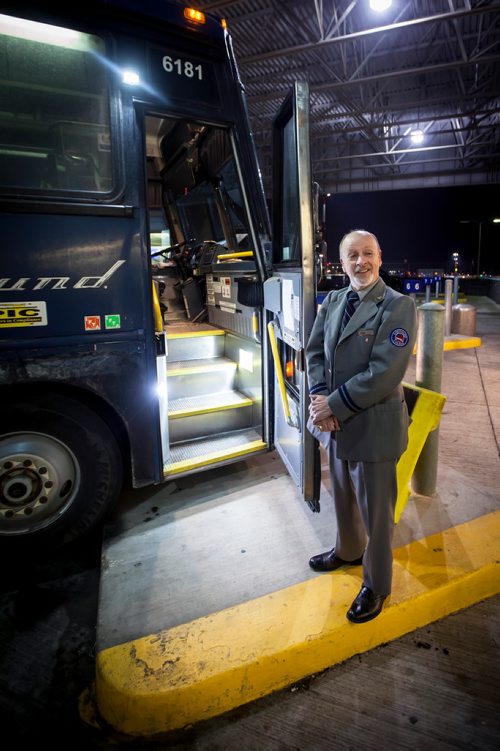 PHIL HOSSACK / WINNIPEG FREE PRESS - With over a million miles under his belt, Greyhound's 'Master Driver" Doug Stern steps off bus #6181 at Winnipeg's Greyhound terminal after finishing the last run for the bus company in Manitoba Wednesday morning. See Melissa's story.