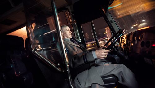 PHIL HOSSACK / WINNIPEG FREE PRESS -  Greyhound's 'Master Driver" Doug Stern focuses on the road as he enters Winnipeg early Wednesday morning. See Melissa's story. October 30, 2018