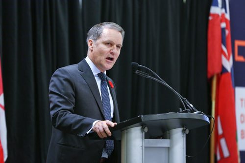MIKE DEAL / WINNIPEG FREE PRESS
Minister of Health Cameron Friesen speaks at the MBiz Breakfast series on the state of healthcare in Manitoba at the RBC Convention Centre early Thursday morning. 
181101 - Thursday, November 1, 2018
