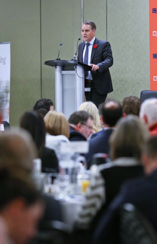 MIKE DEAL / WINNIPEG FREE PRESS
Minister of Health Cameron Friesen speaks at the MBiz Breakfast series on the state of healthcare in Manitoba at the RBC Convention Centre early Thursday morning. 
181101 - Thursday, November 1, 2018
