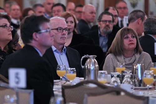 MIKE DEAL / WINNIPEG FREE PRESS
Scott Oake (centre) with his wife Anne (right) just before speaking at a Crime Prevention Breakfast Thursday morning at the Fort Garry Hotel. 
181101 - Thursday, November 1, 2018