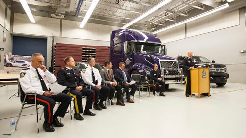 MIKE DEAL / WINNIPEG FREE PRESS
Scott Kolody, Commanding Officer of the Manitoba RCMP speaks at the MPI depot on Plessis Rd Thursday morning during an announcement that a major Inter-Provincial Illicit Drug Network was dismantled during Project Riverbank.   
181101 - Thursday, November 01, 2018.