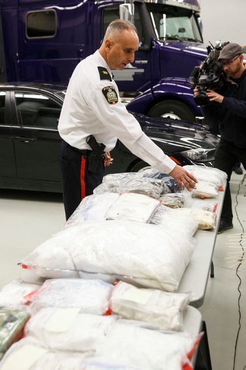 MIKE DEAL / WINNIPEG FREE PRESS
Winnipeg police Inspector Max Waddell speaks at the MPI depot on Plessis Rd Thursday morning during an announcement that a major Inter-Provincial Illicit Drug Network was dismantled during Project Riverbank.   
181101 - Thursday, November 01, 2018.