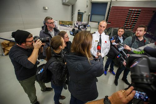 MIKE DEAL / WINNIPEG FREE PRESS
Winnipeg police Inspector Max Waddell speaks at the MPI depot on Plessis Rd Thursday morning during an announcement that a major Inter-Provincial Illicit Drug Network was dismantled during Project Riverbank.   
181101 - Thursday, November 01, 2018.