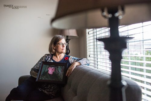 MIKAELA MACKENZIE / WINNIPEG FREE PRESS
Anita Cenerini, who fought for her son to receive full military honours after his suicide and is the 2018 National Silver Cross Mother, poses for a portrait in her home in Winnipeg on Thursday, Nov. 1, 2018. 
Winnipeg Free Press 2018.